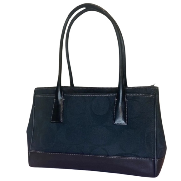 Coach. EUC. "Madeline Hampton" Handbag. Signature Black Jacquard Canvas.15"X7.5" - Picture 2 of 11